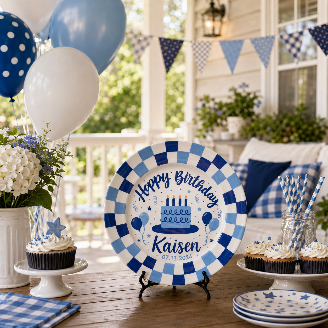 Custom Name Birthday Plate – Blue Checkerboard Cake Design | BGI002