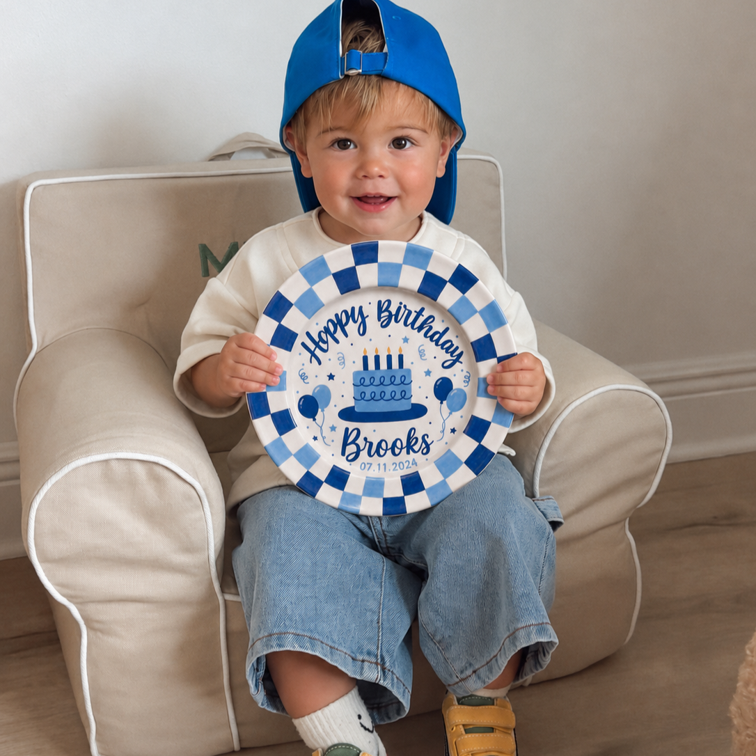 Custom Name Birthday Plate – Blue Checkerboard Cake Design | BGI002