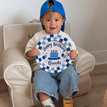 Custom Name Birthday Plate – Blue Checkerboard Cake Design | BGI002