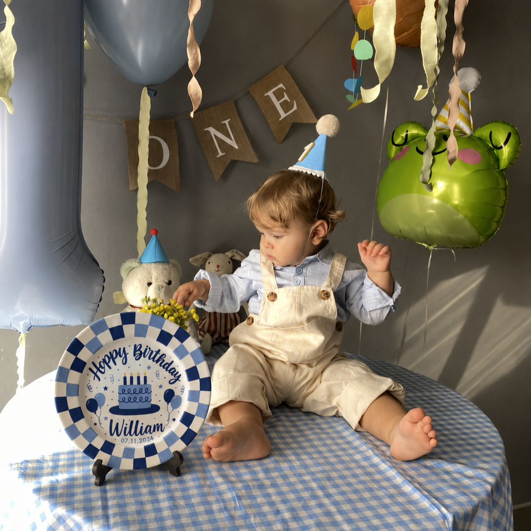 Custom Name Birthday Plate – Blue Checkerboard Cake Design | BGI002