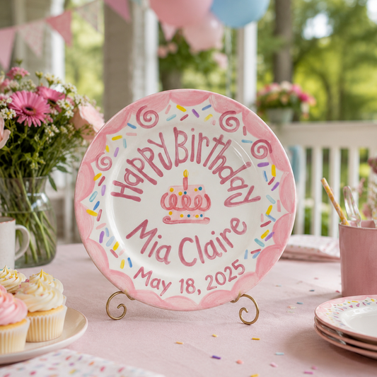 Custom Ceramic Birthday Plate Girl, Pink Scalloped Sprinkles Plate, Personalized Name Date Plate, Preppy Girls Birthday Decor | B075