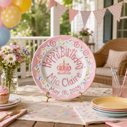 Custom Ceramic Birthday Plate Girl, Pink Scalloped Sprinkles Plate, Personalized Name Date Plate, Preppy Girls Birthday Decor | B075