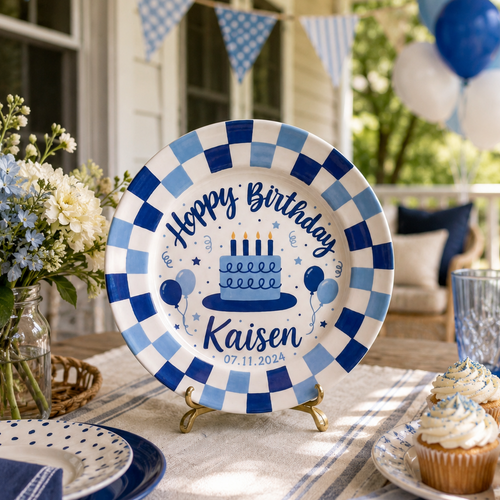 Custom Name Birthday Plate – Blue Checkerboard Cake Design | BGI002