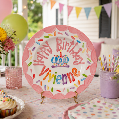 Custom Name Birthday Plate – Pink Scallop Sprinkle Cake Design | BHL010