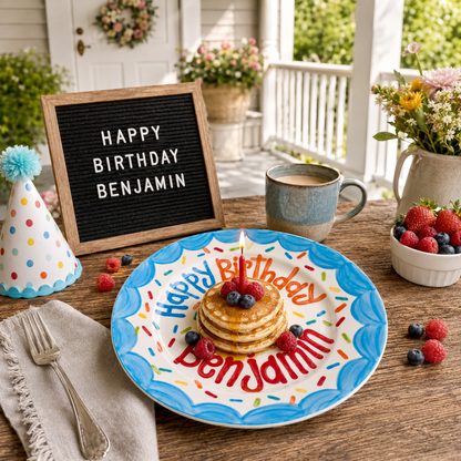 Personalized Birthday Plate – Blue Scalloped Border, Colorful Sprinkles & Striped Cake Design | BHL017