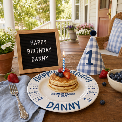 Personalized Birthday Plate – Custom Name, Birth Date & Time with Blue Candle Design – Birthday Gift | BGI007