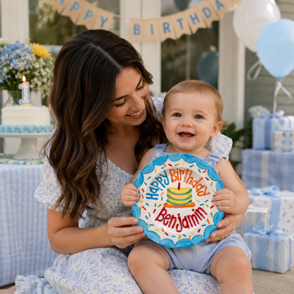 Personalized Birthday Plate – Blue Scalloped Border, Colorful Sprinkles & Striped Cake Design | BHL017