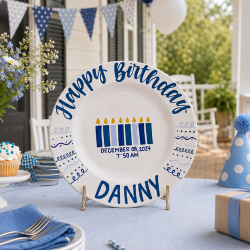 Personalized Birthday Plate – Custom Name with Birth Date and Time, Blue Candle Theme – Birthday Celebration | BGI007
