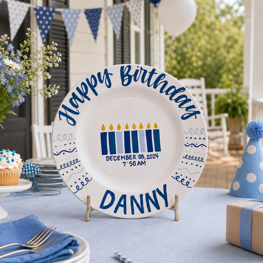 Personalized Birthday Plate – Custom Name with Birth Date and Time, Blue Candle Theme – Birthday Celebration | BGI007