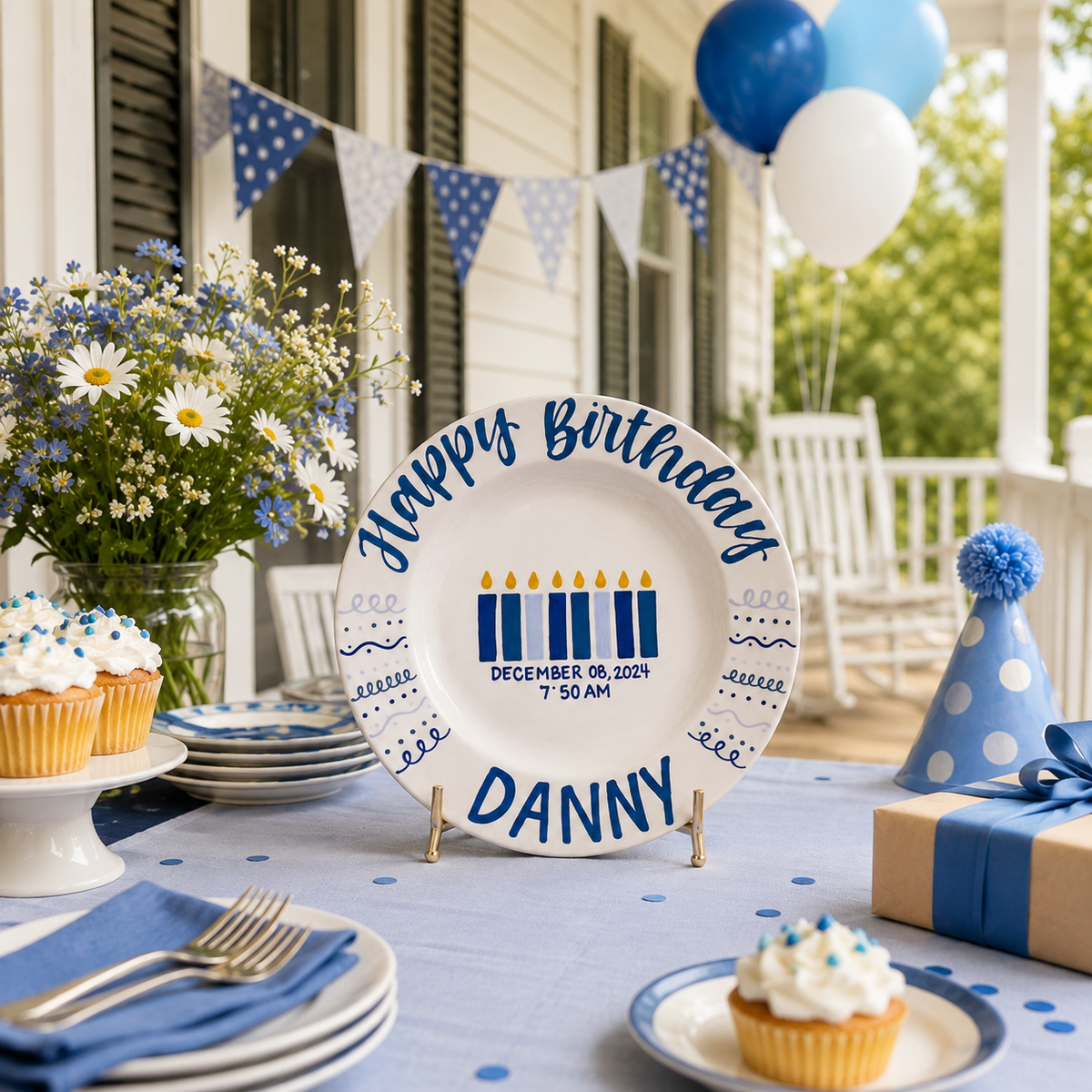 Personalized Birthday Plate – Custom Name with Birth Date and Time, Blue Candle Theme – Birthday Celebration | BGI007