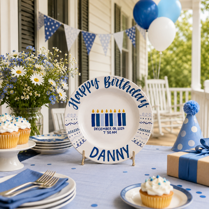 Personalized Birthday Plate – Custom Name, Birth Date & Time with Blue Candle Design – Birthday Gift | BGI007