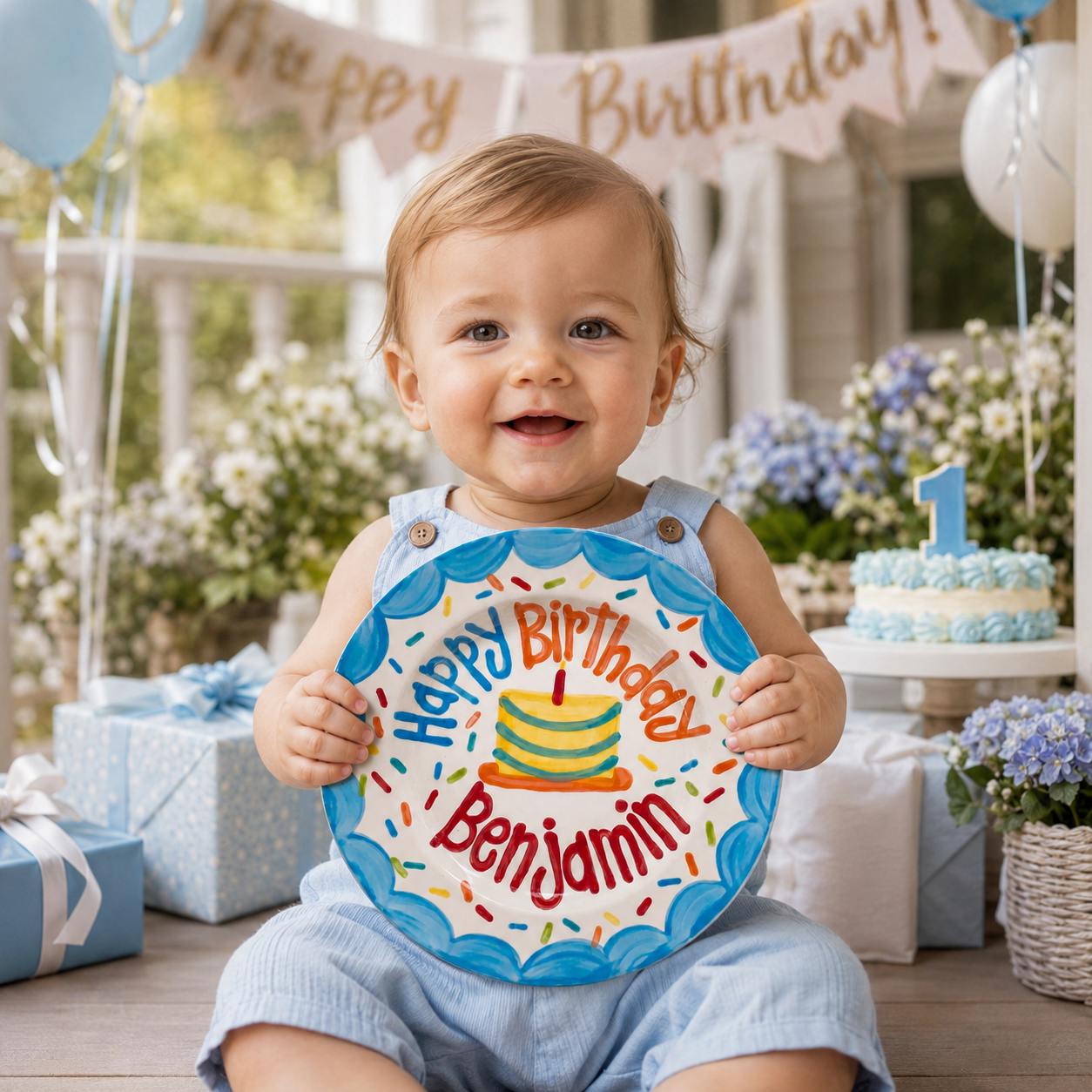 Personalized Birthday Plate – Blue Scalloped Border, Colorful Sprinkles & Striped Cake Design | BHL017