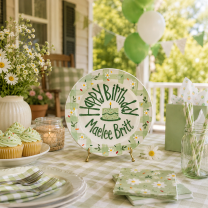 Custom Ceramic Birthday Plate, Personalized Name Cake Plate, Hand Painted Green Gingham Daisy Plate, Childrens Birthday Tradition | B050