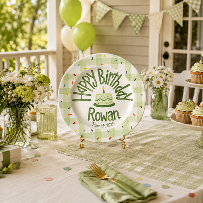 Custom Hand Painted Ceramic Birthday Plate, Green Gingham Confetti Plate, Personalized Birthday Plate Date, First Birthday Gift Boy | B088