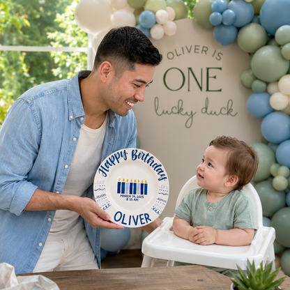 Personalized Birthday Plate – Custom Name, Birth Date & Time with Blue Candle Design – Birthday Gift | BGI007