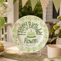 Custom Hand Painted Ceramic Birthday Plate, Green Gingham Confetti Plate, Personalized Birthday Plate Date, First Birthday Gift Boy | B088