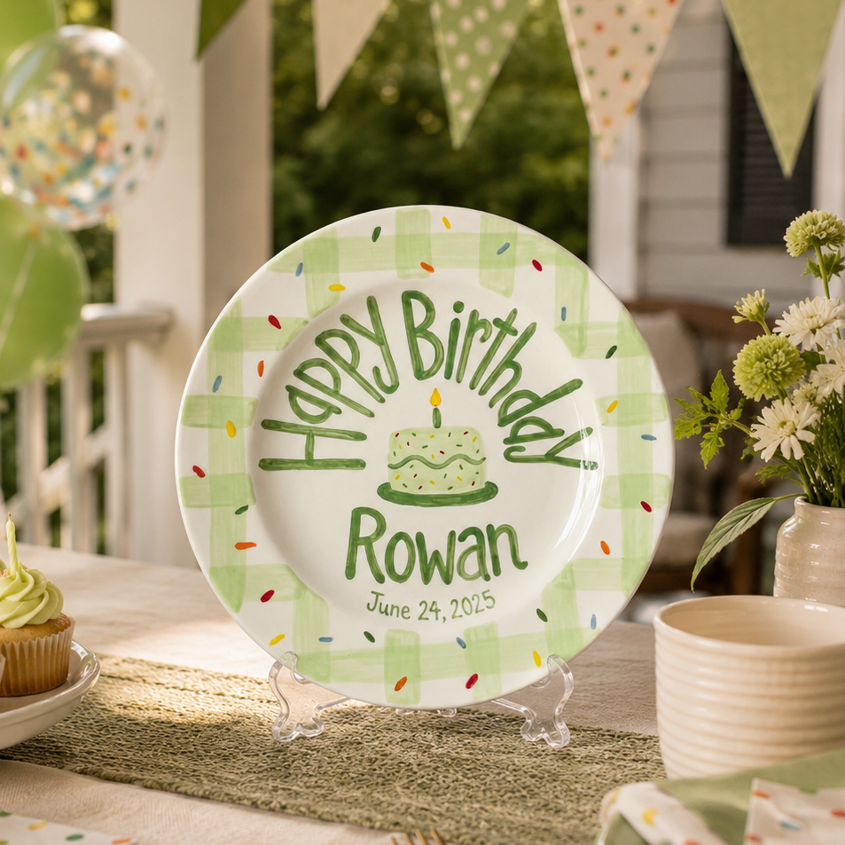 Custom Hand Painted Ceramic Birthday Plate, Green Gingham Confetti Plate, Personalized Birthday Plate Date, First Birthday Gift Boy | B088