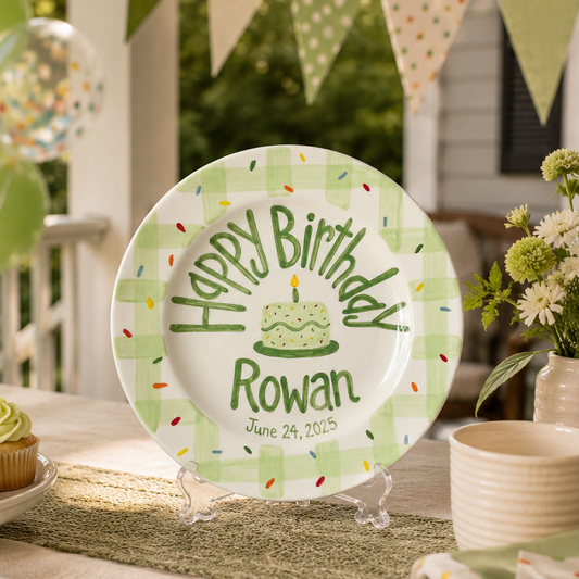 Custom Hand Painted Ceramic Birthday Plate, Green Gingham Confetti Plate, Personalized Birthday Plate Date, First Birthday Gift Boy | B088