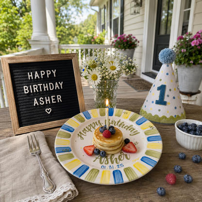 Personalized Birthday Plate – Custom Name & Date with Blue Green Yellow Striped Border and Balloon Design – Birthday Celebration | BGI009