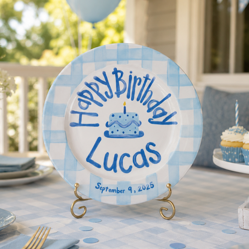 Hand-Painted Blue Gingham Ceramic Birthday Plate, Personalized Name Keepsake, Custom Baby Boy Party Decor | B013