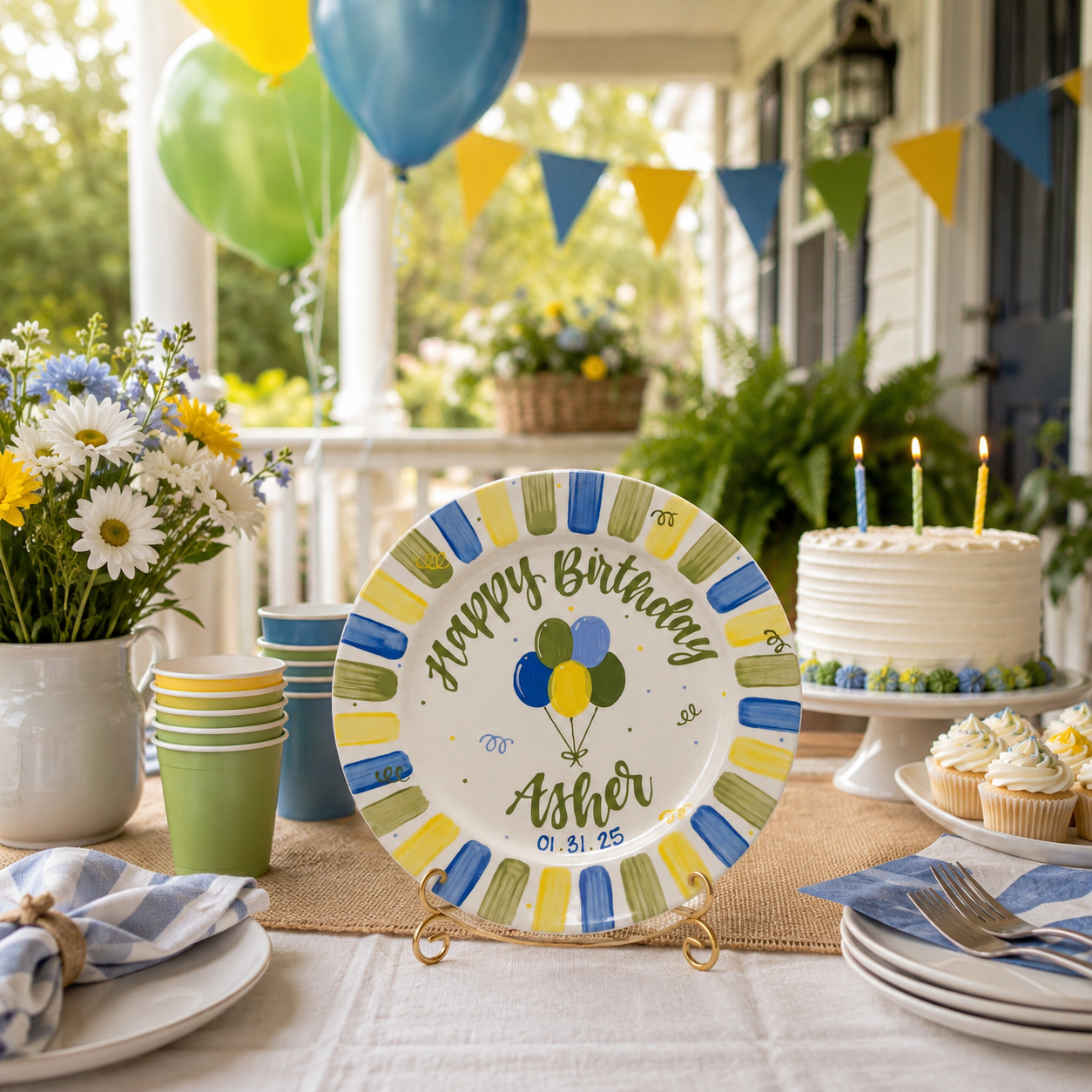Personalized Birthday Plate – Custom Name & Date with Blue Green Yellow Striped Border and Balloon Design – Birthday Celebration | BGI009