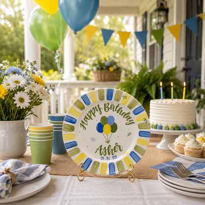 Personalized Birthday Plate – Custom Name & Date with Blue Green Yellow Striped Border and Balloon Design – Birthday Celebration | BGI009