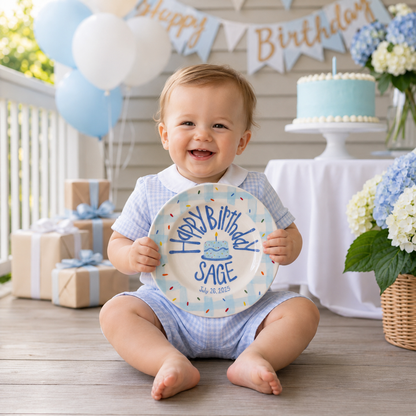 Custom Name Birthday Plate – Blue Gingham Sprinkle Cake Design | B011