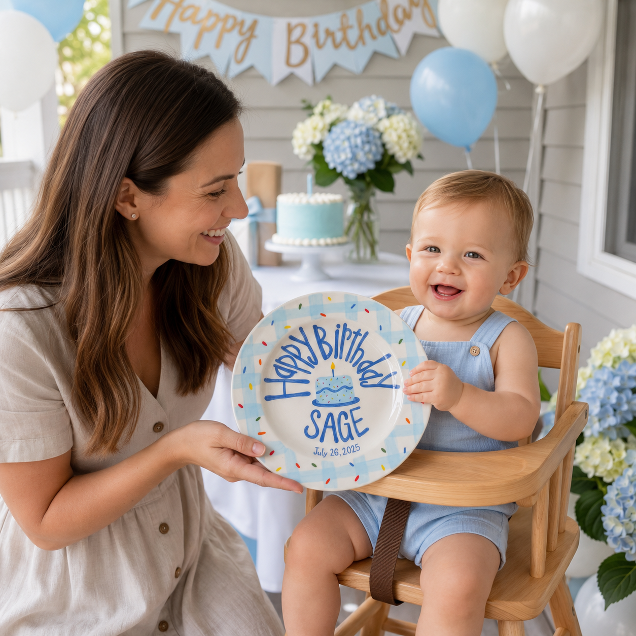 Custom Name Birthday Plate – Blue Gingham Sprinkle Cake Design | B011