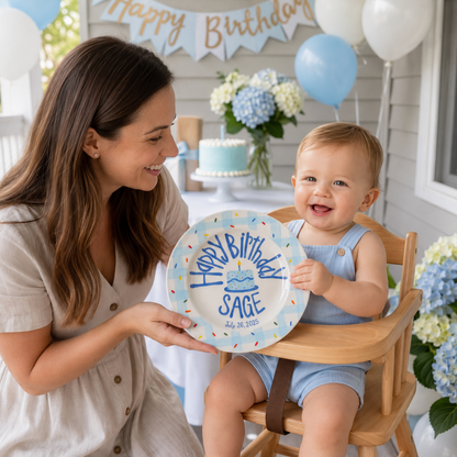 Custom Name Birthday Plate – Blue Gingham Sprinkle Cake Design | B011