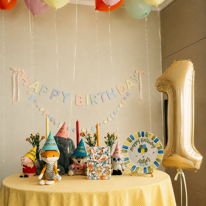 Personalized Birthday Plate – Custom Name & Date with Blue Green Yellow Striped Border and Balloon Design – Birthday Celebration | BGI009