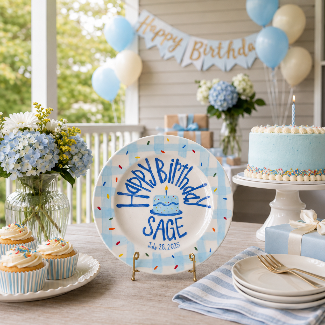 Personalized Birthday Plate – Blue Gingham Border & Sprinkle Cake Design | B011