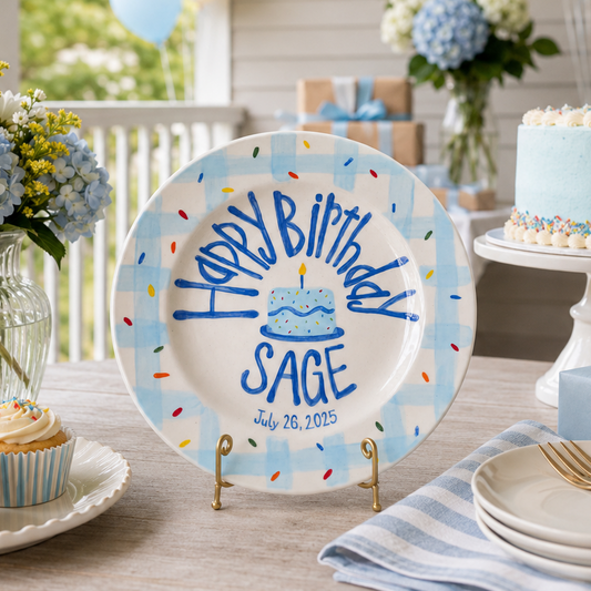 Custom Name Birthday Plate – Blue Gingham Sprinkle Cake Design | B011