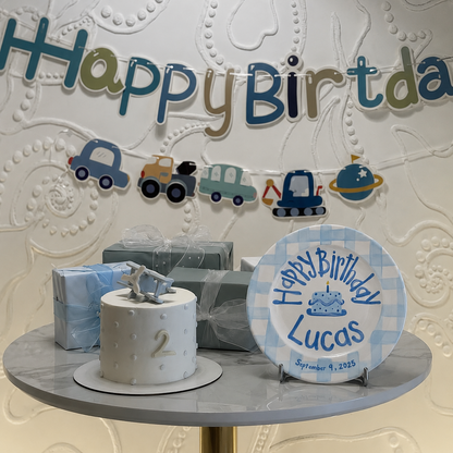 Hand-Painted Blue Gingham Ceramic Birthday Plate, Personalized Name Keepsake, Custom Baby Boy Party Decor | B013