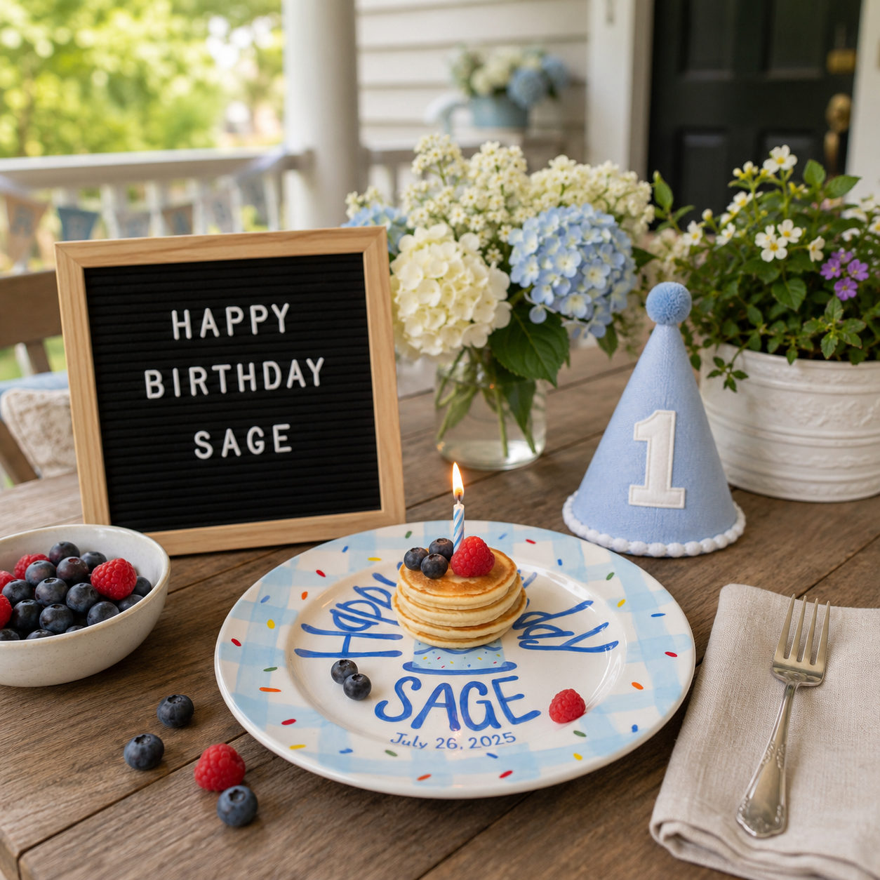 Personalized Birthday Plate – Blue Gingham Border & Sprinkle Cake Design | B011