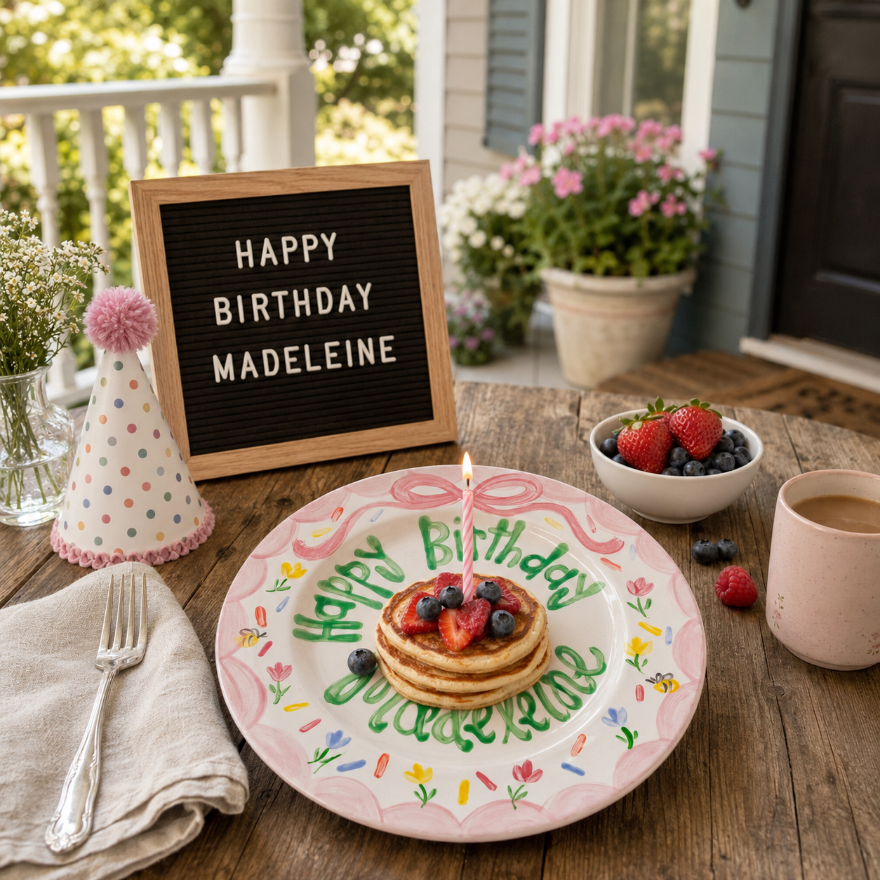 Personalized Birthday Plate – Pink Bow, Floral Cake & Bee Garden Border Design | BHL018