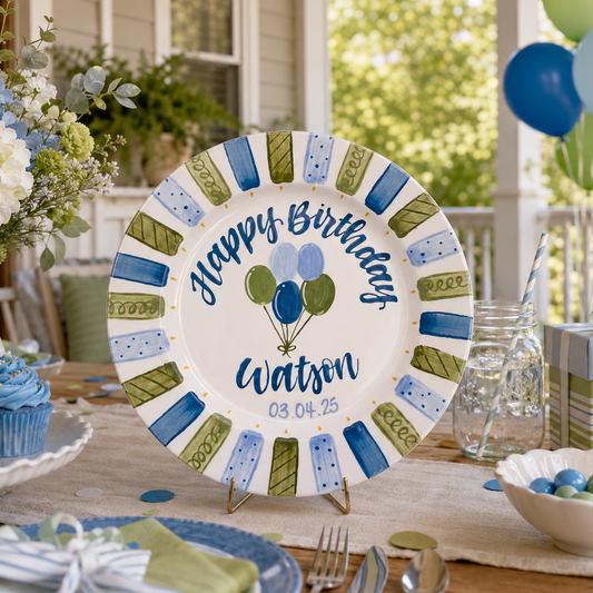 Personalized Birthday Plate – Custom Name with Blue Green Balloon Design – Birthday Gift | BGI008