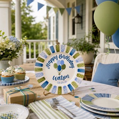 Personalized Birthday Plate – Custom Name with Blue Green Balloon Design – Birthday Gift | BGI008