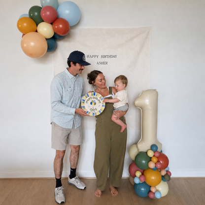 Personalized Birthday Plate – Custom Name & Date with Blue Green Yellow Striped Border and Balloon Design – Birthday Celebration | BGI009