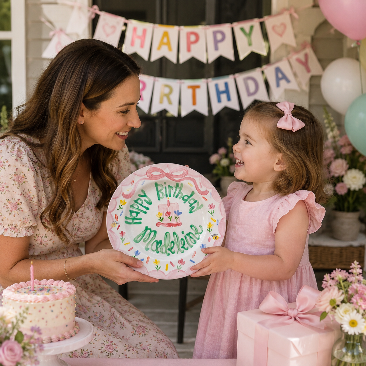 Personalized Birthday Plate – Pink Bow, Floral Cake & Bee Garden Border Design | BHL018