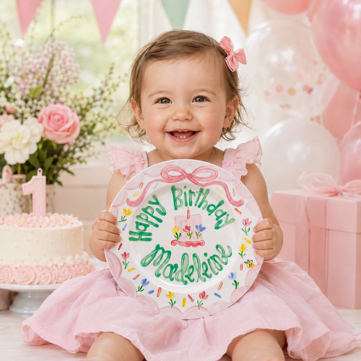 Personalized Birthday Plate – Pink Bow, Floral Cake & Bee Garden Border Design | BHL018
