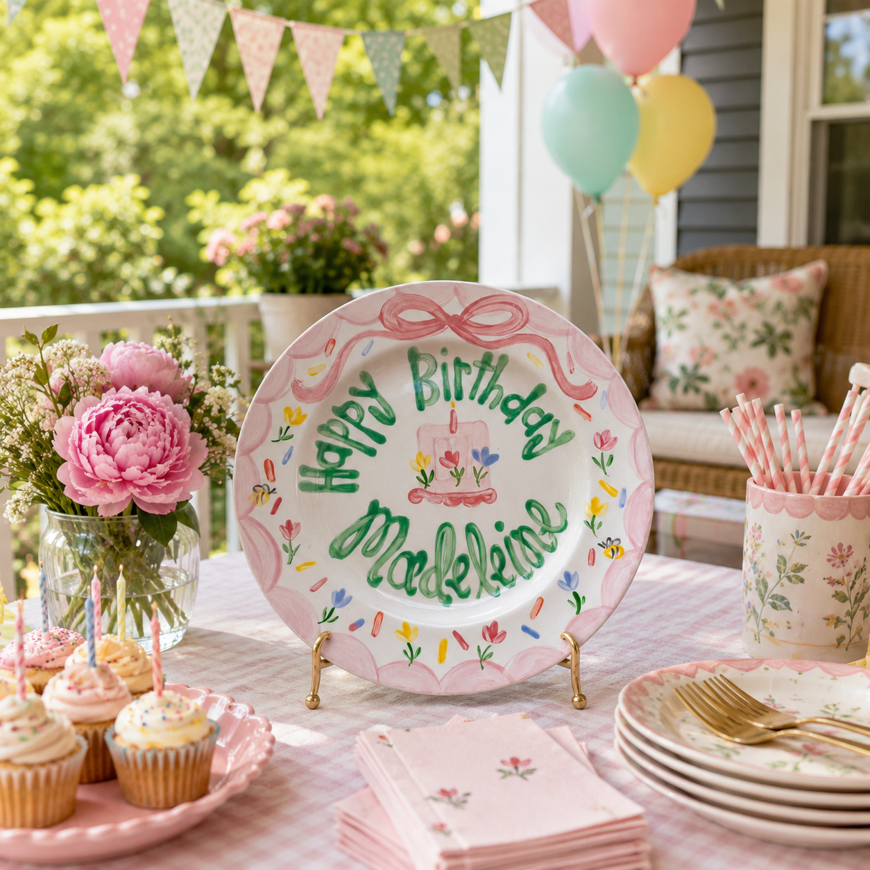 Personalized Birthday Plate – Pink Bow, Floral Cake & Bee Garden Border Design | BHL018
