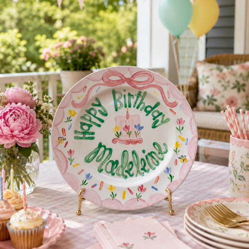 Custom Name Birthday Plate – Pink Scalloped Floral Border Design | BHL018