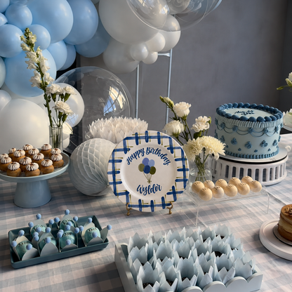 Personalized Birthday Plate – Custom Name Balloon Plate, Hand Painted Ceramic Birthday Keepsake Gift for Boy - Blue Plaid Border | BGI014