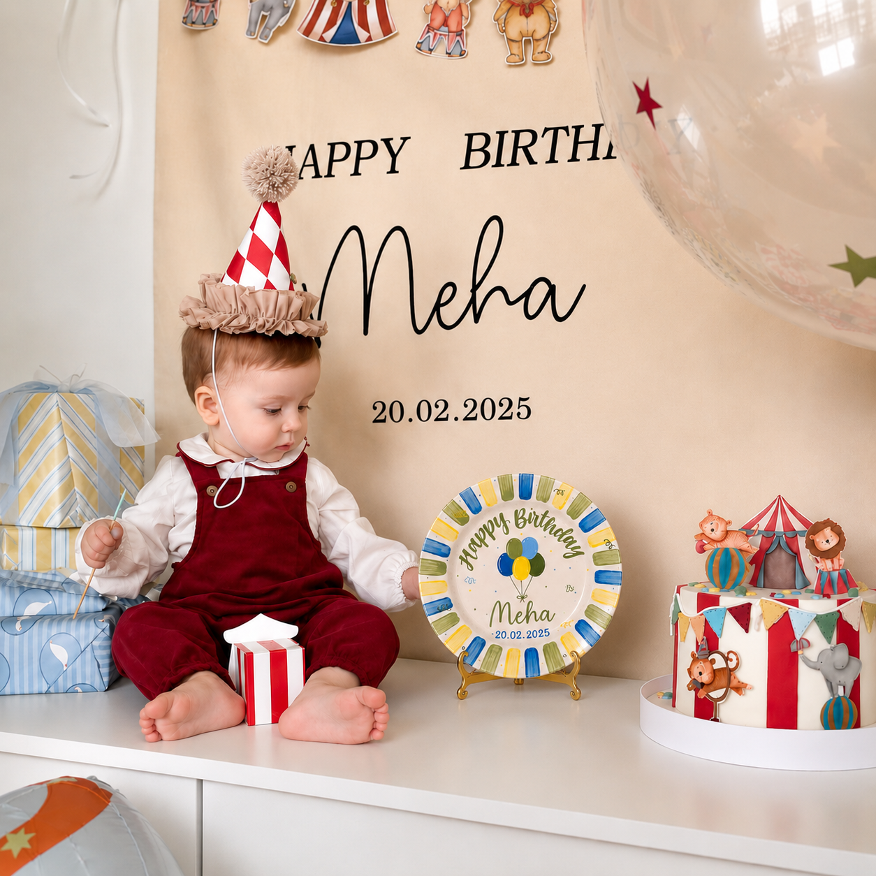 Personalized Birthday Plate – Custom Name & Date with Blue Green Yellow Striped Border and Balloon Design – Birthday Celebration | BGI009