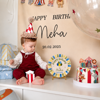 Personalized Birthday Plate – Custom Name & Date with Blue Green Yellow Striped Border and Balloon Design – Birthday Celebration | BGI009
