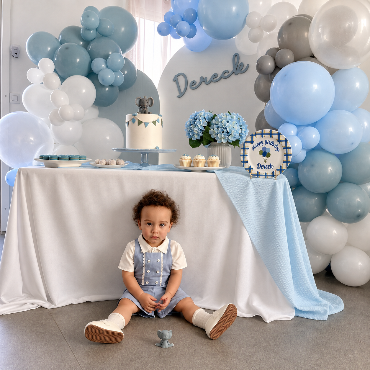 Personalized Birthday Plate – Custom Name Balloon Plate, Hand Painted Ceramic Birthday Keepsake Gift for Boy - Blue Plaid Border | BGI014