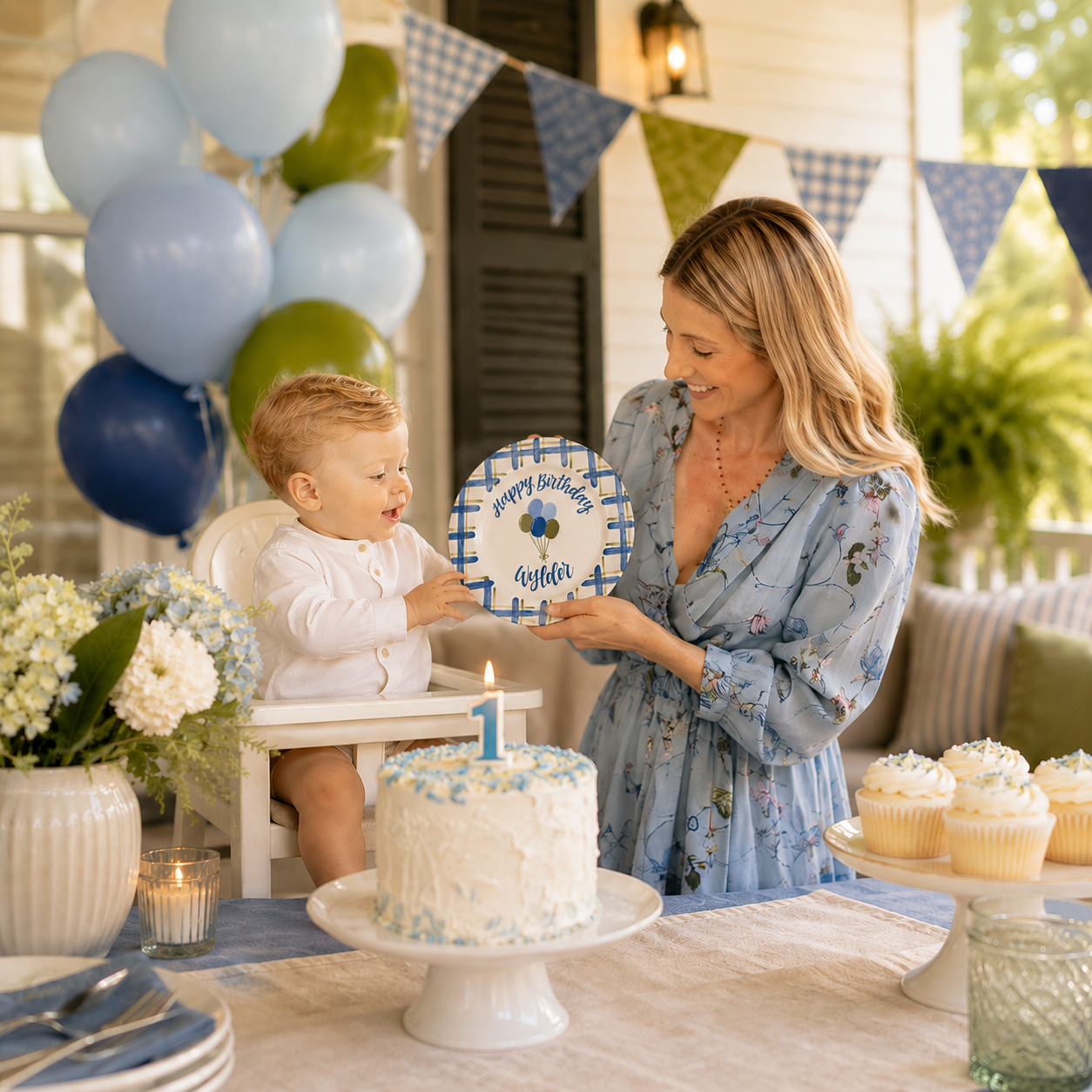 Personalized Birthday Plate – Custom Name Balloon Plate, Hand Painted Ceramic Birthday Keepsake Gift for Boy - Blue Plaid Border | BGI014