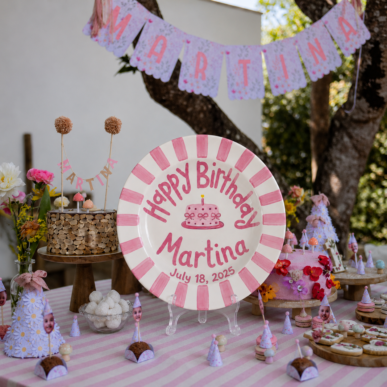Pink Stripes Birthday Plate, Hand-Painted Pink Cake Design, Custom Name & Date Ceramic Keepsake, Toddler Gift | B023