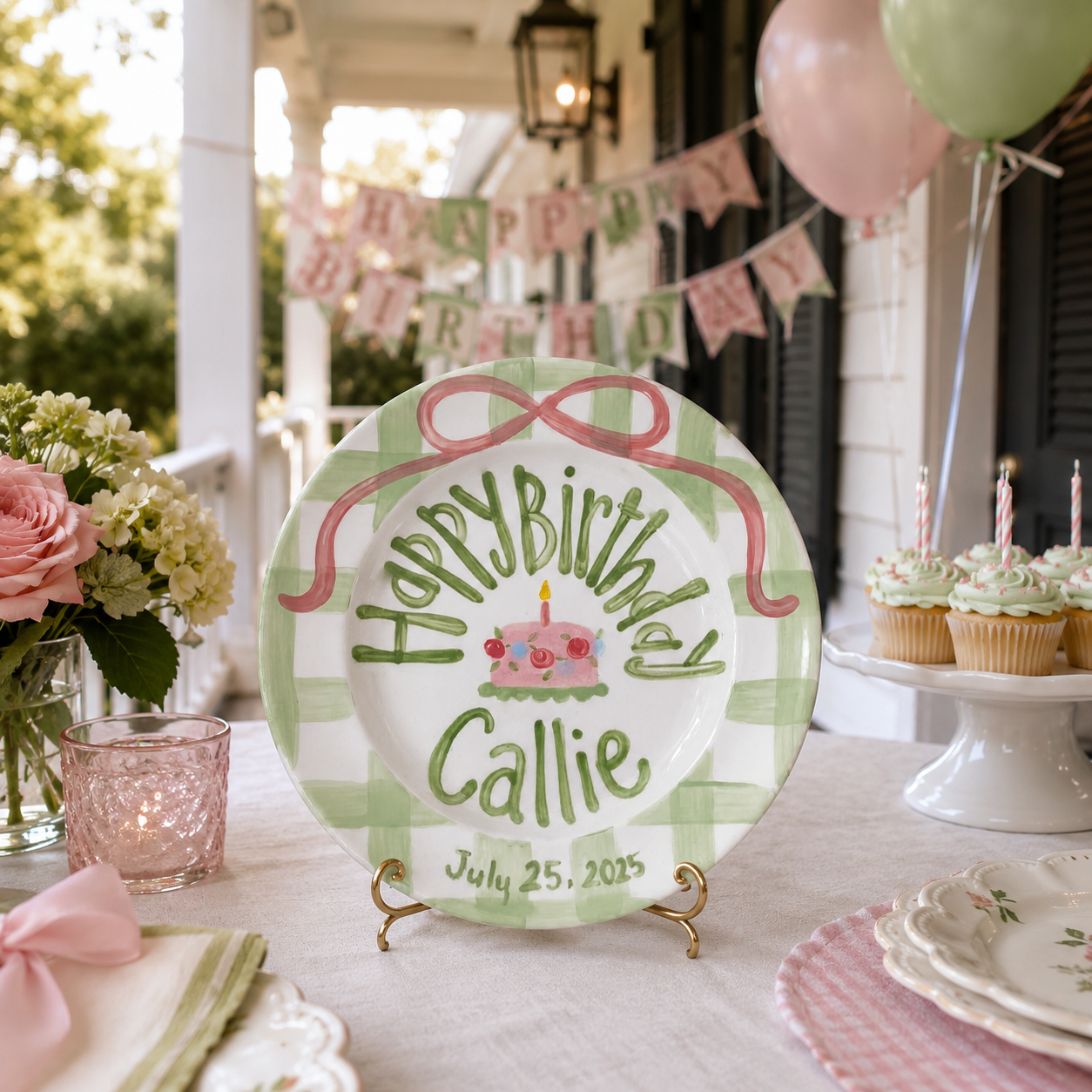Sage Gingham Edge Birthday Plate, Hand-Painted Pink Ribbon & Cake Design, Custom Name Ceramic Plate | B036