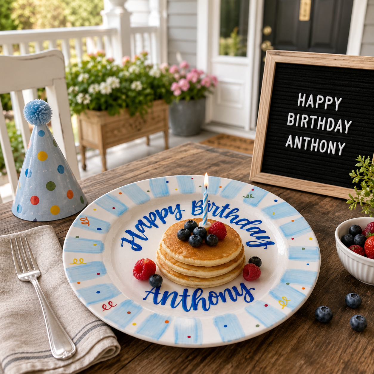 Custom Name Birthday Plate – Light Blue Stripe Rim with Birthday Candles | BGI004